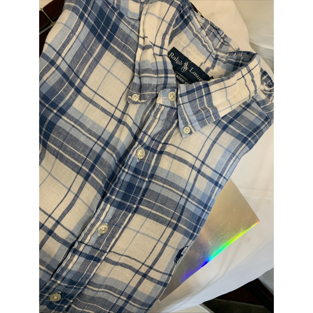 Ralph Lauren Classic Fit 100% Linen Shirt Button Down Light Blue Plaid Mens Sz L